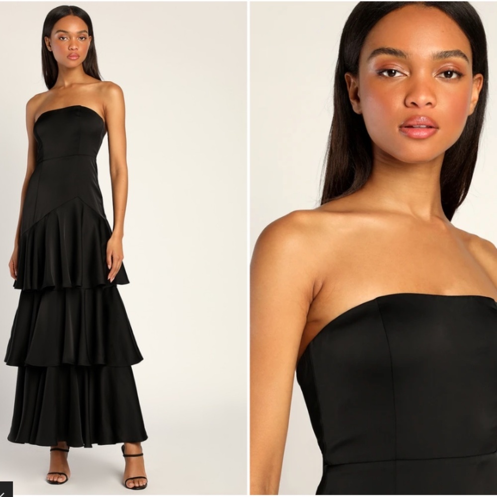 LULUS Prom Wedding Bridesmaid Tiered Ruffles Bohemian Satin Black Maxi Dress